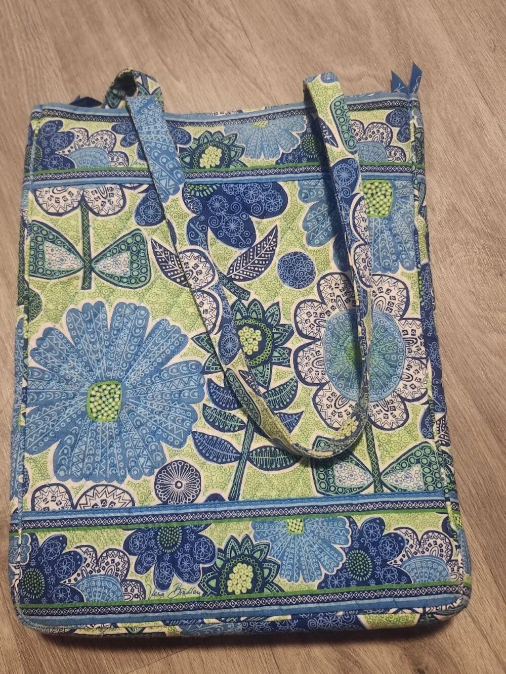 Vera Bradley Doodle Daisy Cotton Laptop Tote Bag Retired Pattern Blue Green EUC